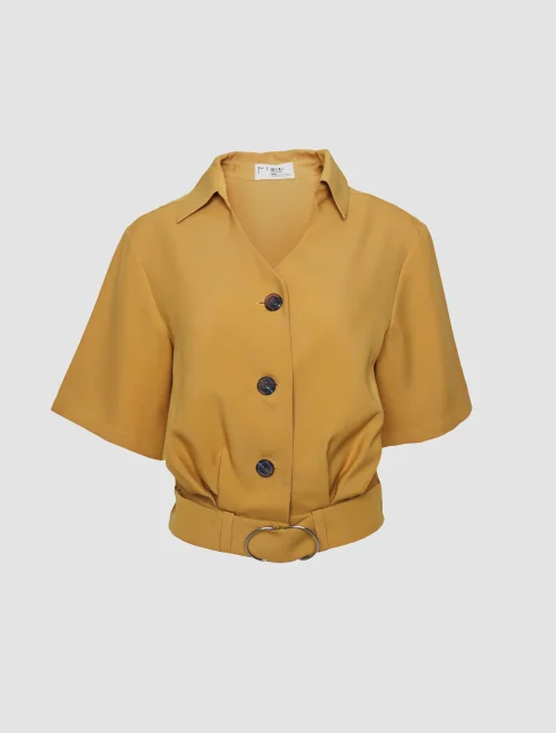 XSML Sava Shirt Kemeja Wanita Lengan Pendek Kuning Muda Office Wear Diskon