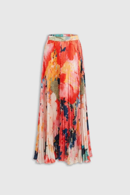 XSML Sunset Bloom Pleated Maxi Skirt - Red Multi