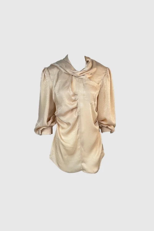 XSML Satin Scarf-Accent Blouse – Champagne Elegance