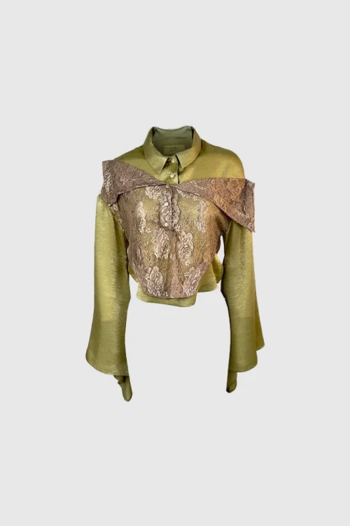 XSML Sculptural Lace Overlay Shirt – Pistachio Olive
